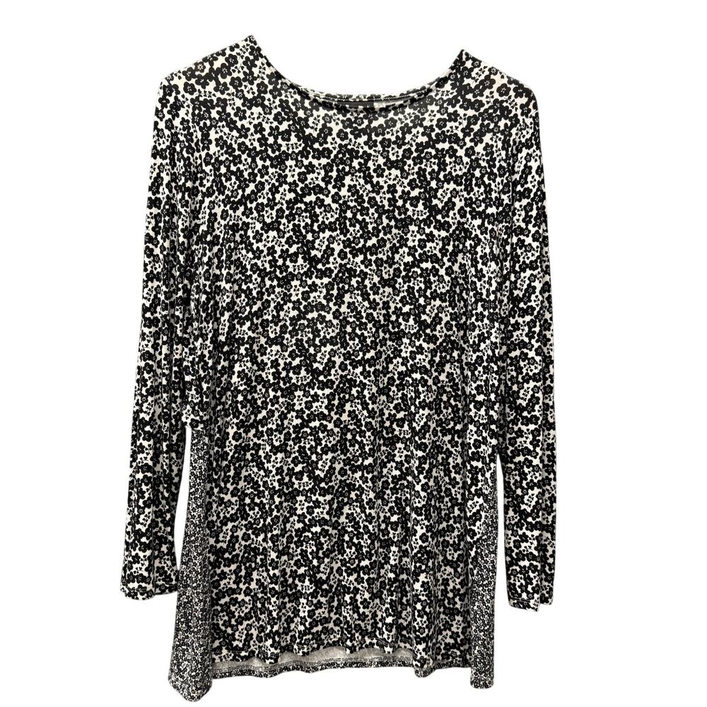J Jill Tunic Top Womens Medium Black White Floral Pullover Tie Back Layer Detail